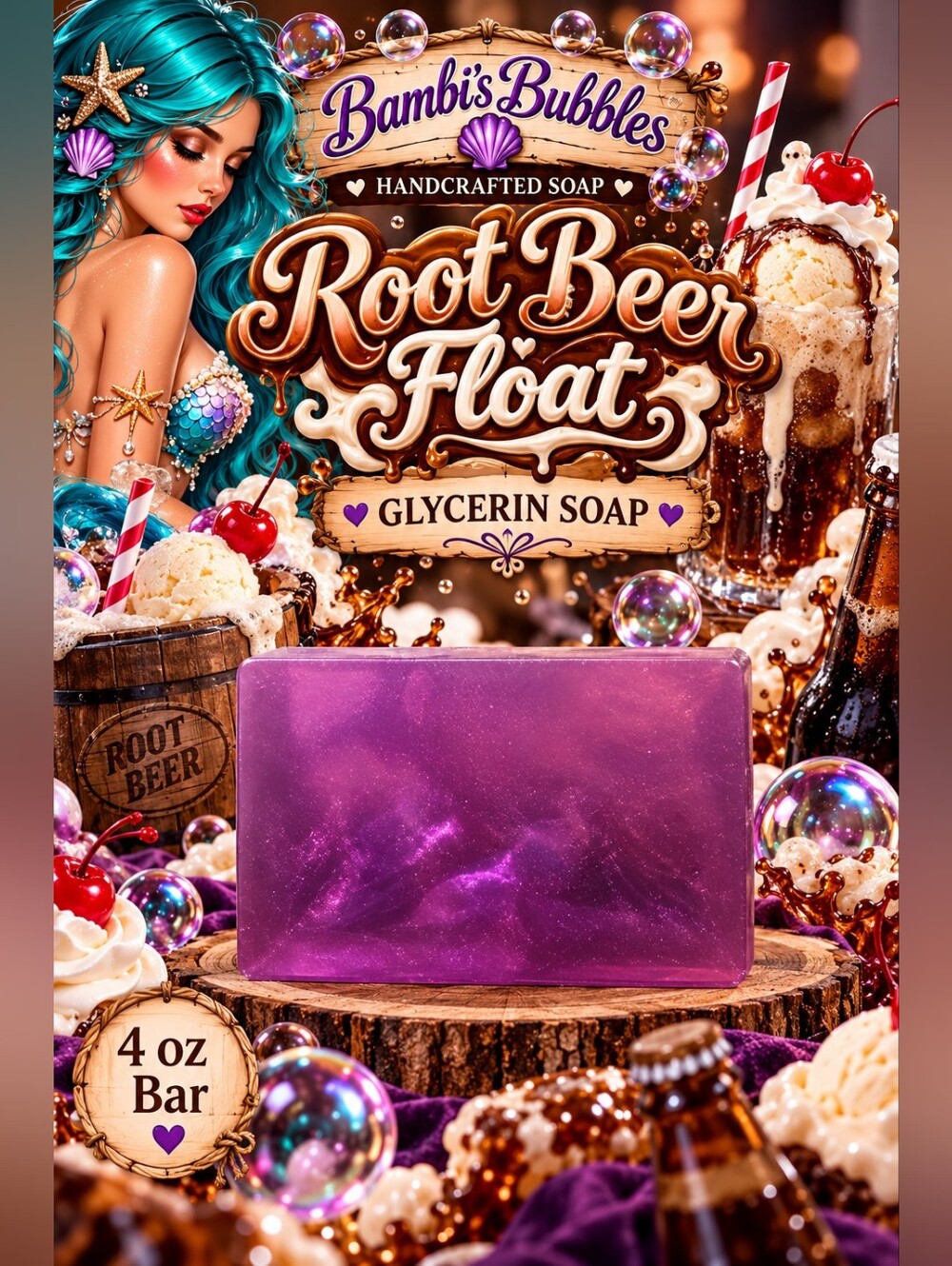 New! Bambis Bubble Root Beer Float Glycerin 4oz Soap Bar